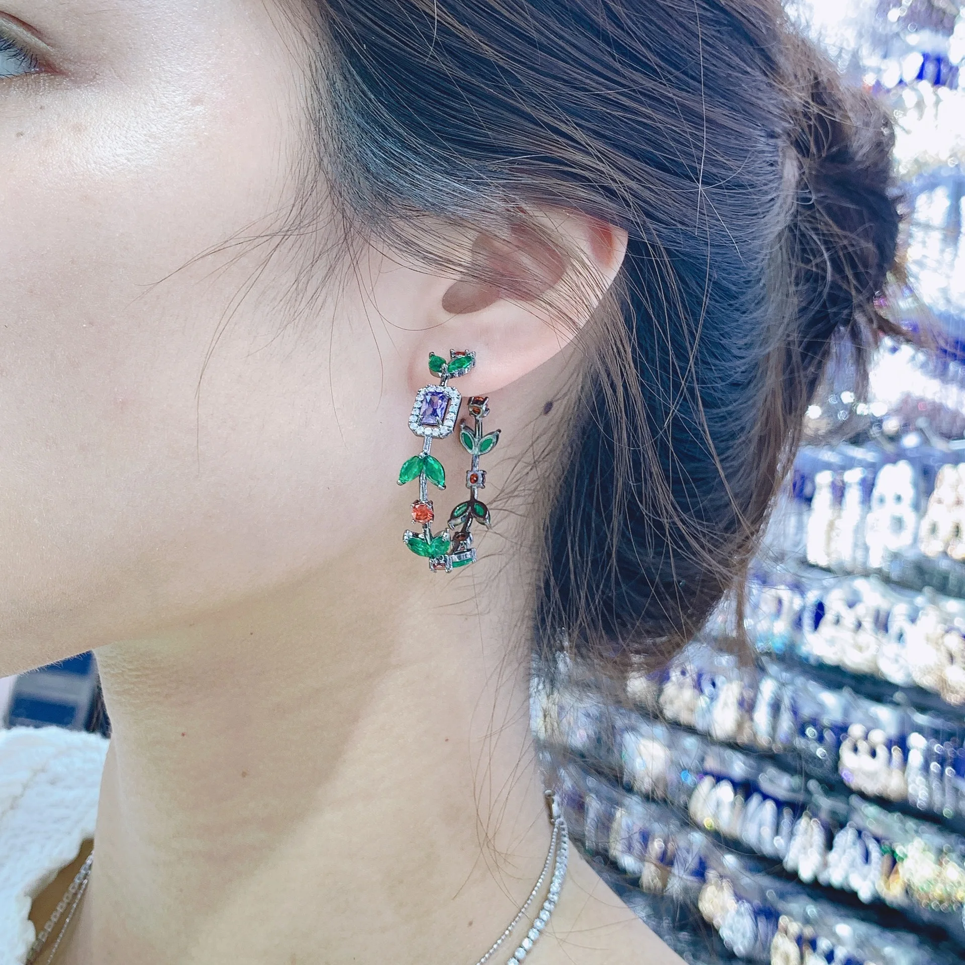 Bilincolor Vintage Zircon Green Leaves Half Circle Earring for Women