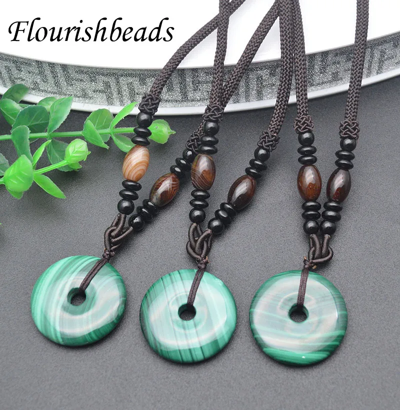 High Quality Natural Malachite Round Dount Shape Pendant Necklace with Rope for Fine Jewlery 3pcs Per Lot