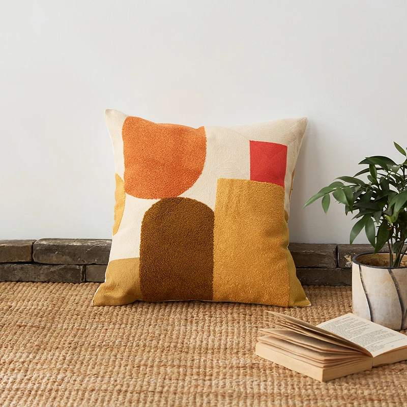 쿠션 커버 45x45cm 면사 자수 홈 장식 던지기 추상 컬러 블록 베개 커버 핑크 아트 장식