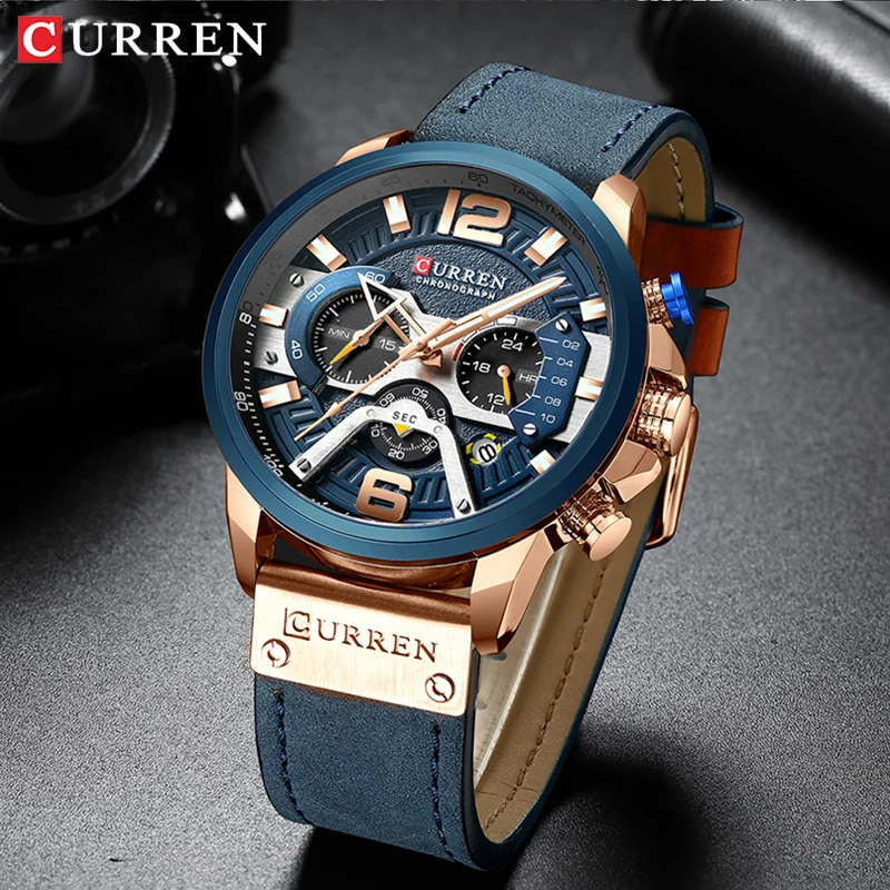 CURREN nouveaux hommes sport décontracté chronographe bleu haut marque de luxe militaire en cuir montre calendrier horloge Relogio Masculino