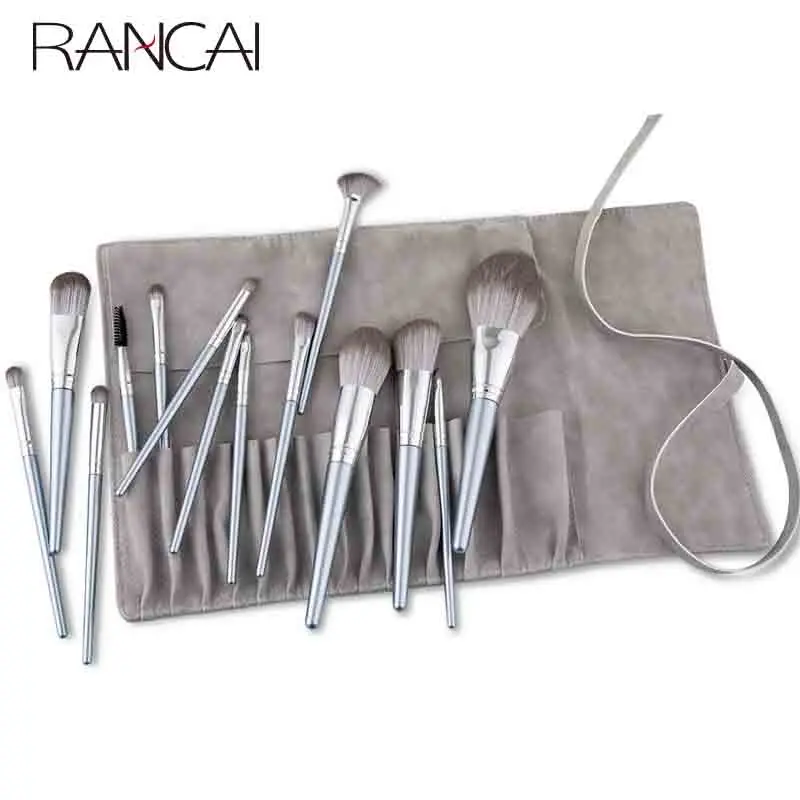 RANCAI 14pcs Set di pennelli per trucco professionale Brochas Maquillaje Fiber Hair make-up per strumenti cosmetici da donna con borsa in pelle