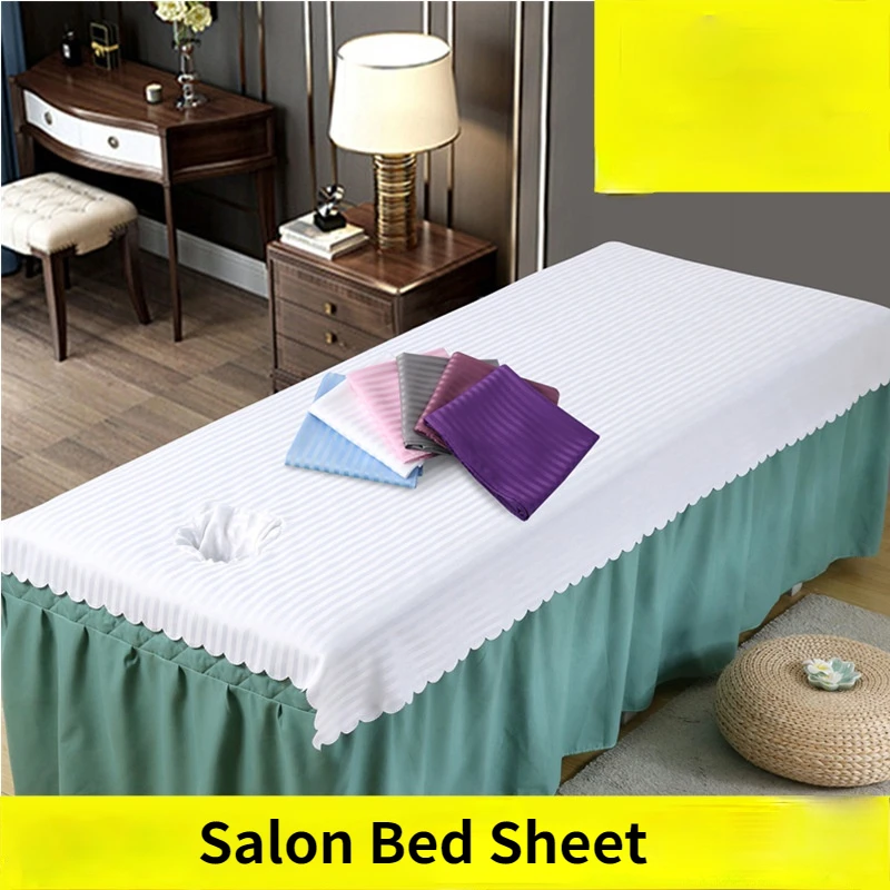 1Pcs Satin Striped Beauty Salon Bed Sheets Quick Dry Anti Winckle for Tuina SPA Massage Club Bed Cover Sheets with Hole