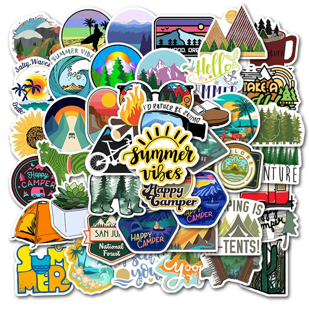 50Pcs Adventure Camping Stickers Outdoor Landscape Climbing Travel Waterproof Sticker for Luggage Suitcase Bicycle Decor