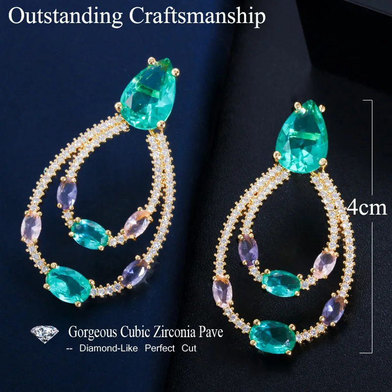 CWWZircons Designer Double Circle Drop Light Blue Cubic Zirconia Crystal Dangle Earrings Trendy Female Party Jewelry Gift CZ703