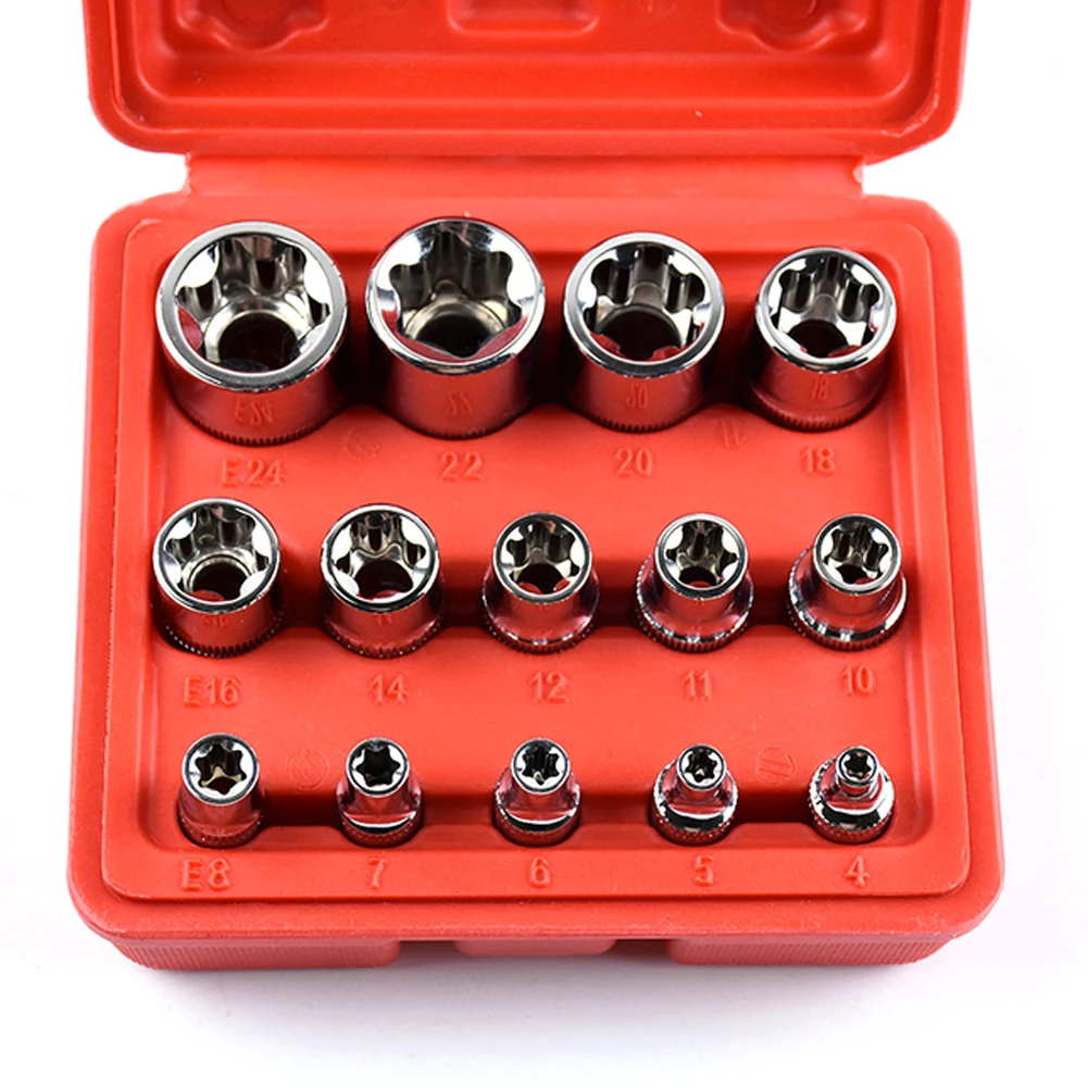 Torx Star Bit Socket Tamper Proof 14pcs E4-E24 Set Female E Type Socket Metric Standard Chrome Vanadium Alloy Steel Professional