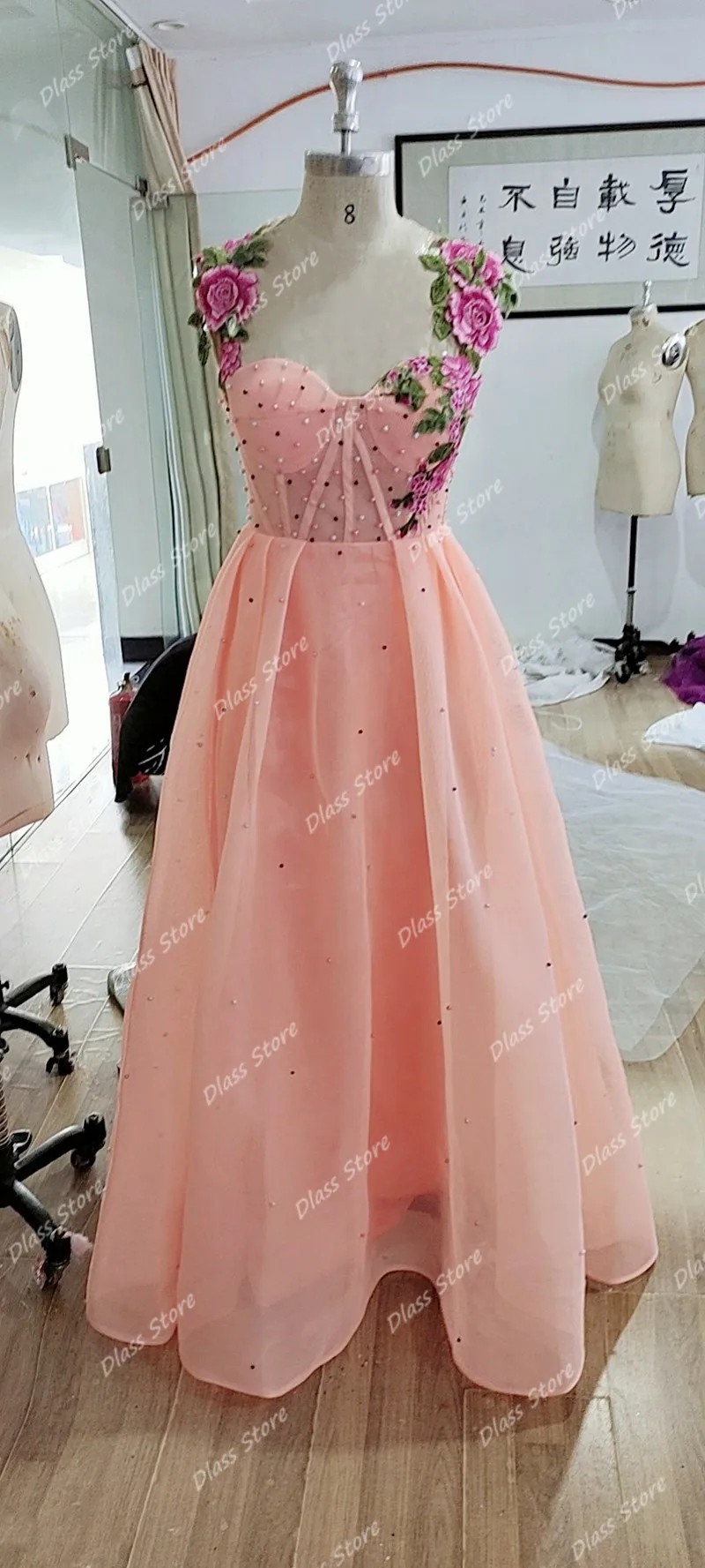 Rose Korallen Lange Prom Kleid Mit Straps Bunte Perlen Floral Stickerei Besondere Anlässe Kleid Für Mädchen Abendkleid платье