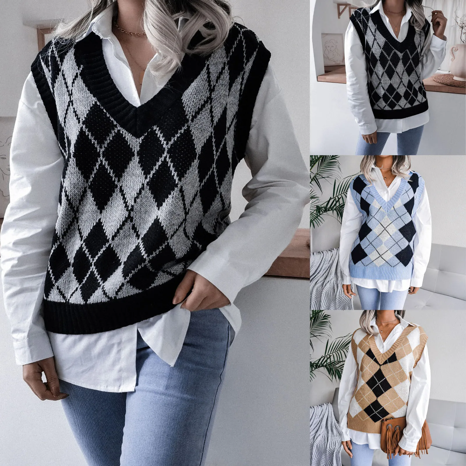 Vintage Argyle Sweater Vest Women Black Sleeveless V Neck Plaid Knitted Sweater Casual Winter Preppy Style 2021 Tops Жилетка