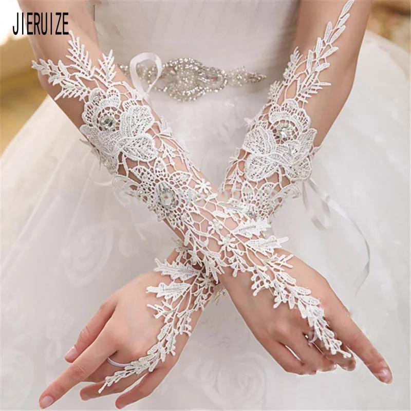 JIERUIZE Lace Applique Bridal Gloves With Crystal Long Wedding Glove Fingerless For Wedding Dress