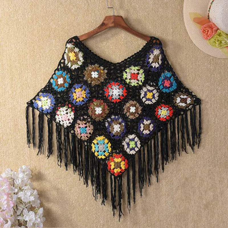 Tassel Shawl Poncho Pashmina Crochet Lace Sun-protection Capelet Cover-Ups Hook Flower Sexy Hollow Out Summer Beach Cape Women