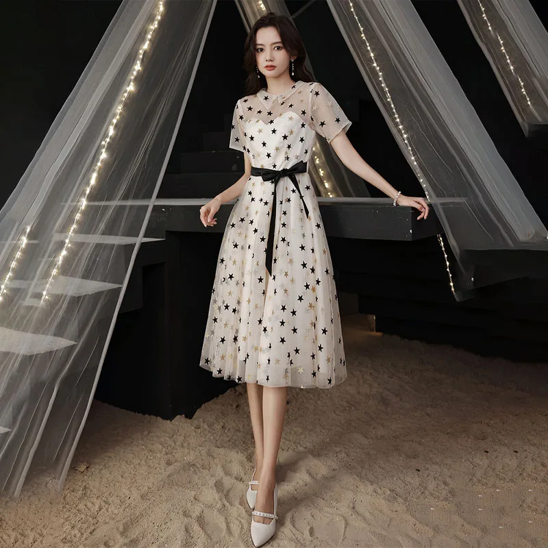 

Evening Dress Star Appliques High Neck A-Line Short Sleeves Fashion Bow Sash Empire Tea-Length Woman Formal Party Gowns A1432