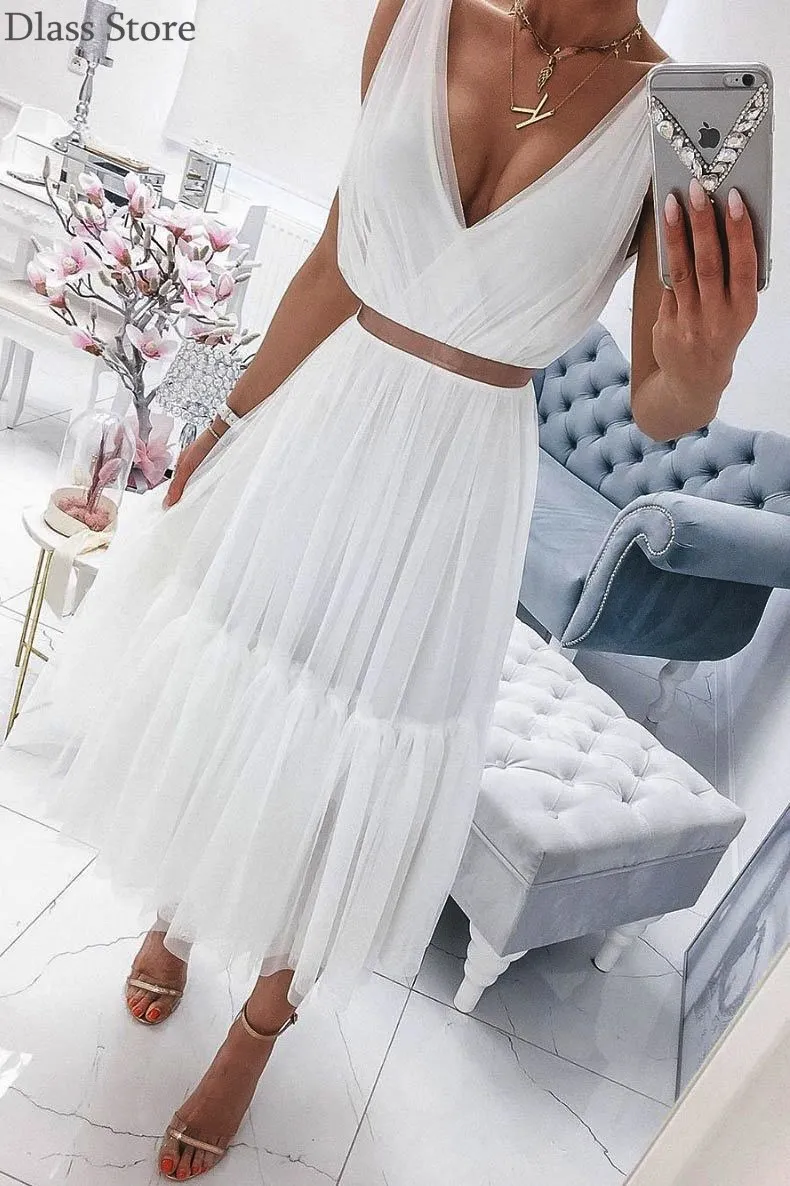 

Pure White Evening Dress Simple Two Piece Tea-length V-neck vestidos de cóctel Sleeveless A-line Prom Dress коктейльные платья