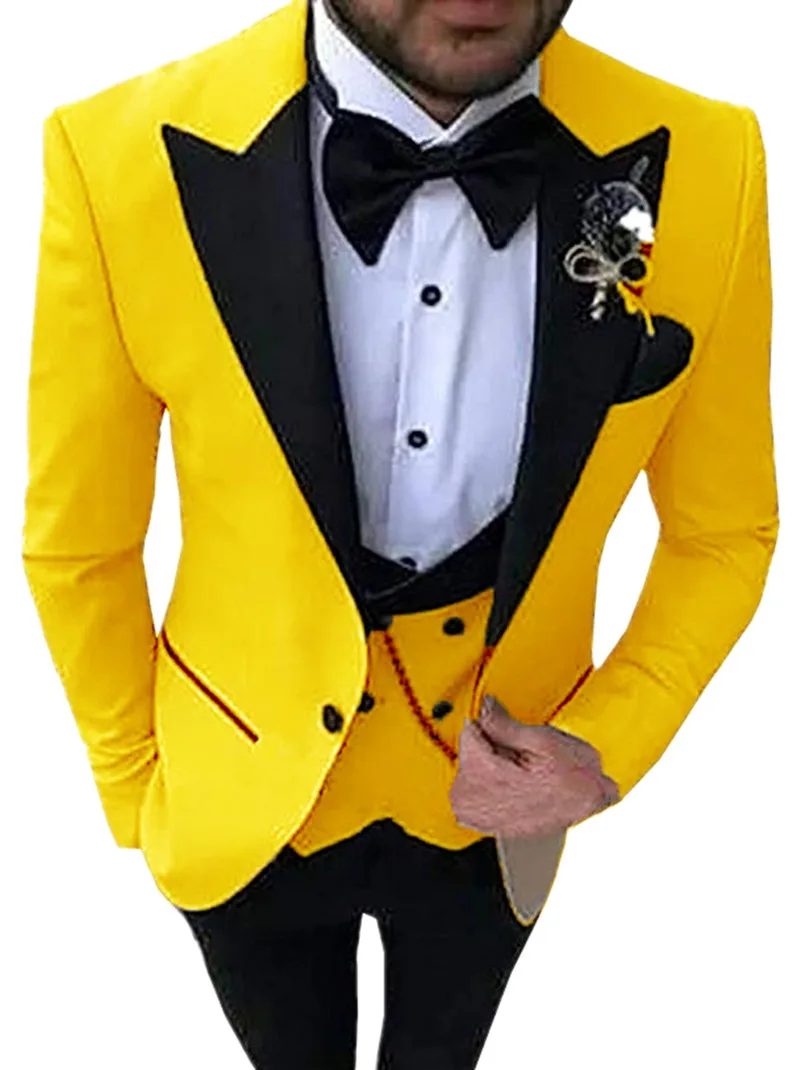 

Brand New Men Suits Yellow and Black Groom Tuxedos Peak Lapel Groomsmen 3 Pieces ( Jacket + Pants + Vest + Bow Tie ) D274