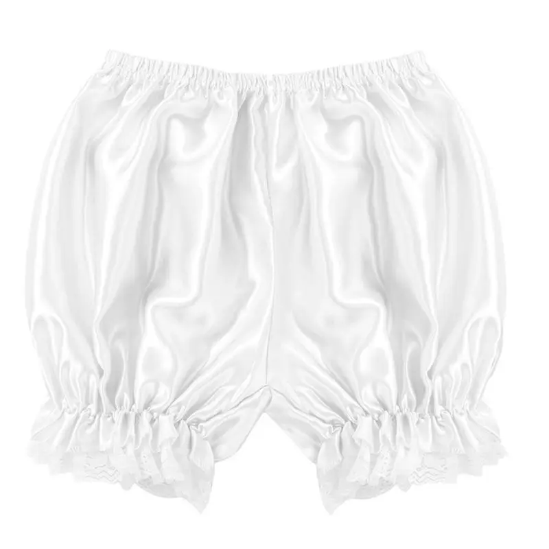 Women Imitation Silk Bloomers Ruffles Lace Trim Panties Victorian Pumpkin Shorts Solid Color Dance Dress Split Skirt Pettipants