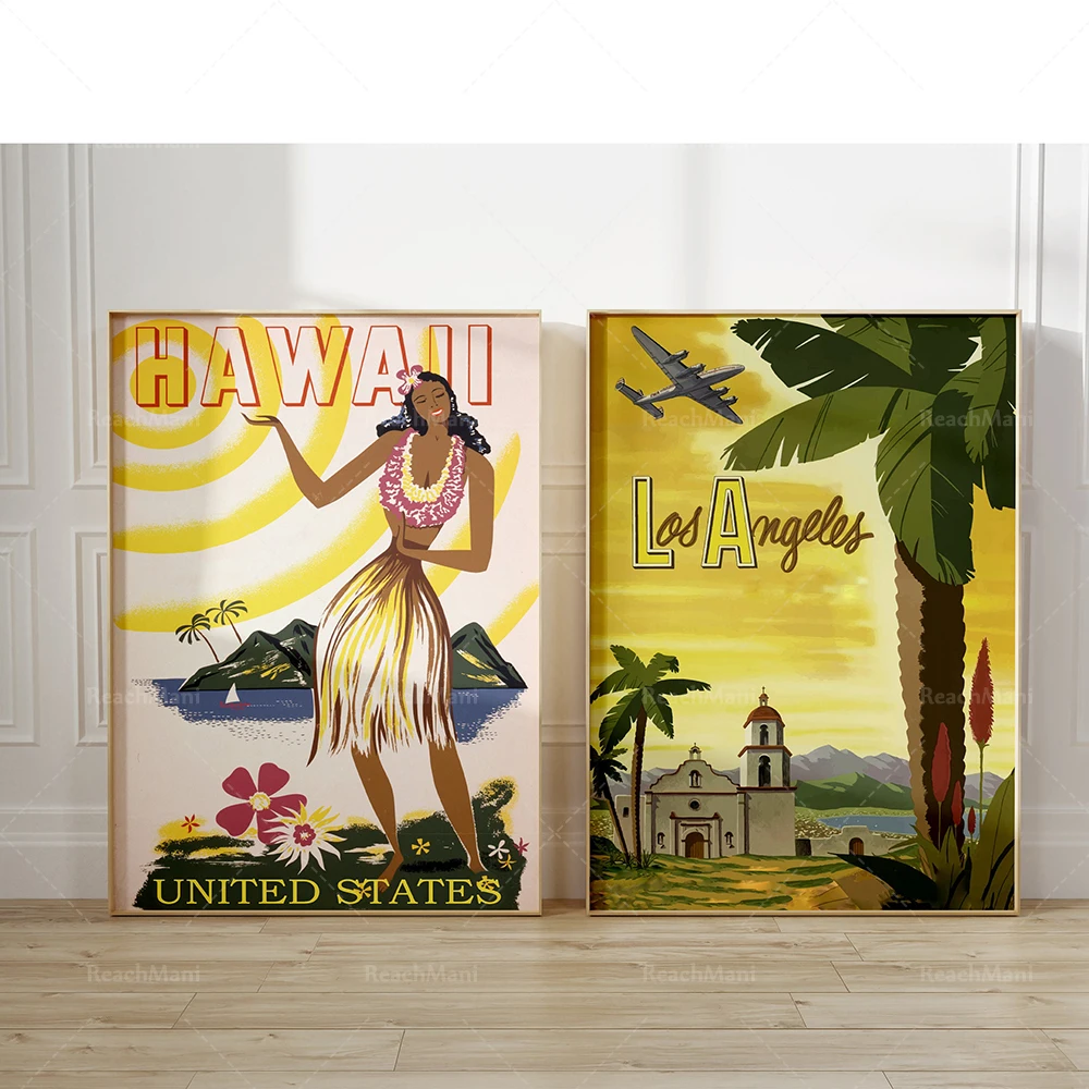 American retro travel prints Los Angeles, Hawaii beach prints, retro aesthetic vacation destination posters, fashion trends