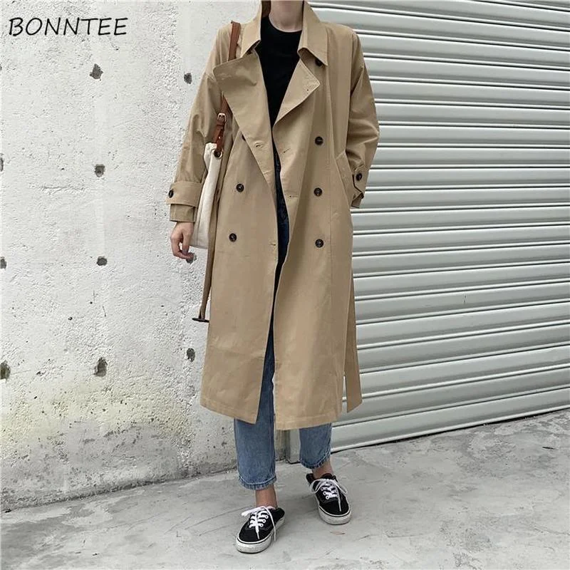 2021 New Trench Women British Style Simple Ins Adjustable Waist Double Breasted Solid Fashion All-match X-long Outwear Elegant