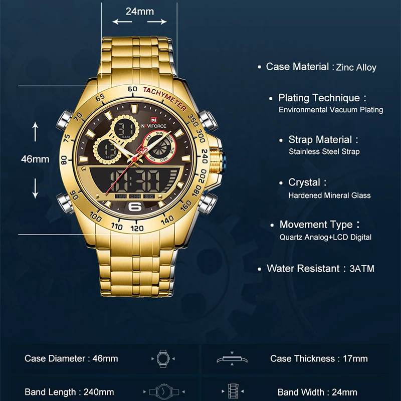 Men Watch NAVIFORCE Top Brand Luxury Mens Quartz Gold Watches Men Sports Waterproof Man Wrist Watch Chronograph Male Clockes