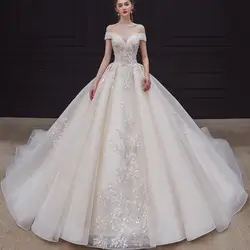 Vestido De novia De lujo hecho a mano con cuello y tren, vestido De novia De encaje con flores, vestido De baile elegante con hombros descubiertos, bata De novia personalizada