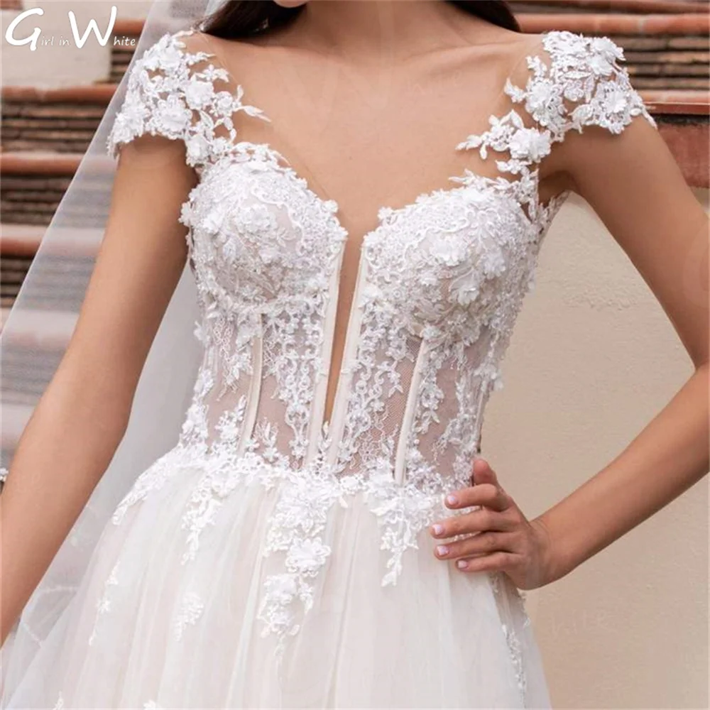 Classic Lace A-line Tulle Wedding Dress Cap Sleeve V Neck Bride Gown Sweep Train Backless Bridal Robes Vestido De Noiva