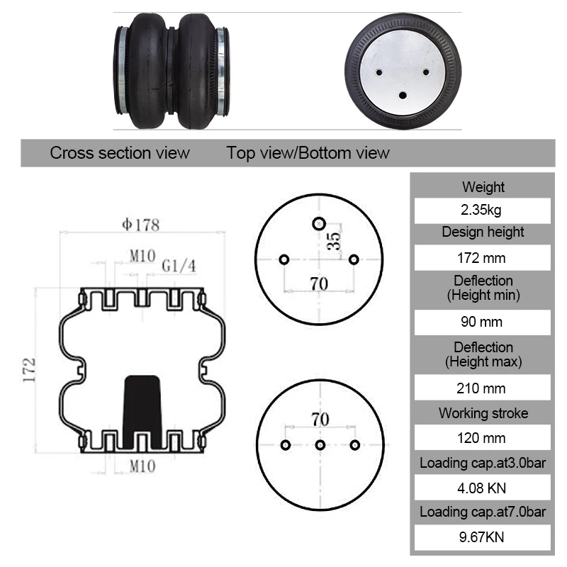 2E7X2 Air ride suspension Double convolute rubber air spring/air bag shock absorber Max Height 210mm