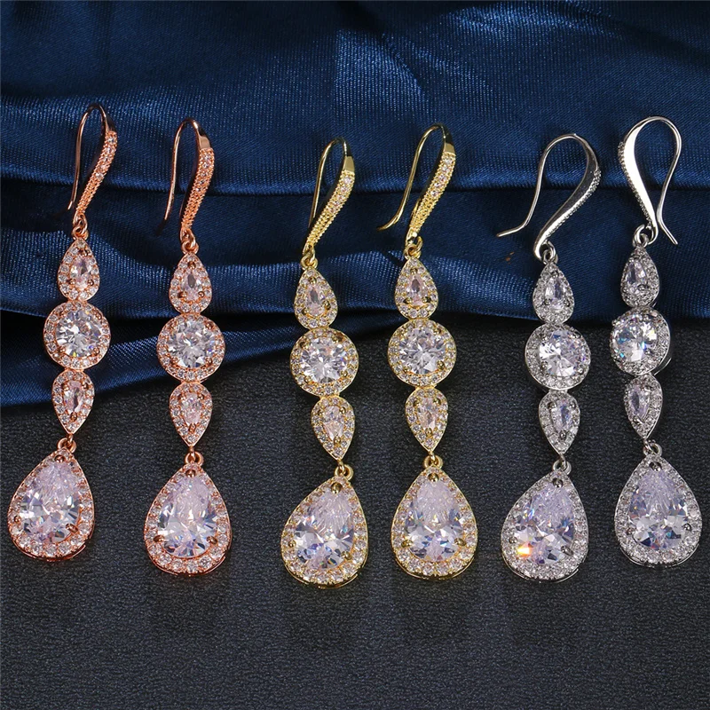 New Vintage Zircon Long Oval Water Drop Earrings for Women 2021 Elegant Bridal Wedding Party Jewelry Gift Pendientes Mujer