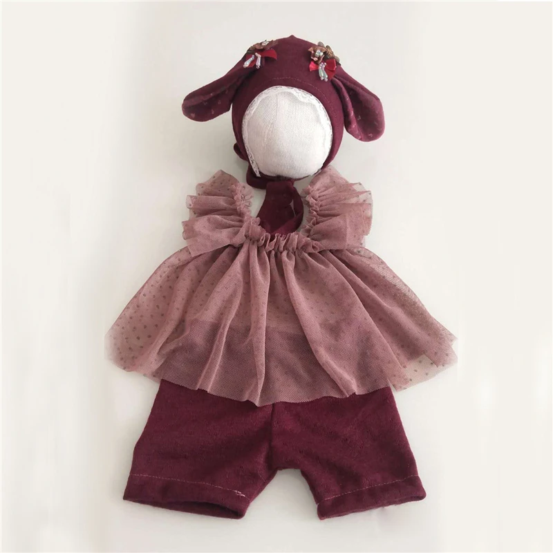 Baby Girl Photography Costumes Cute Bunny Hat Lce Top Shorts 3pcs Set Newborn Infant Souvenir Picture Clothing 100 Days