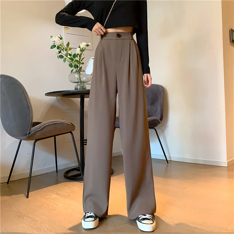 

Spring Autumn Women's Straight Wide Leg Pants High Waist Long Suit Pants Korean Fashion Ladies Black Gray Coffee Trousers Casual