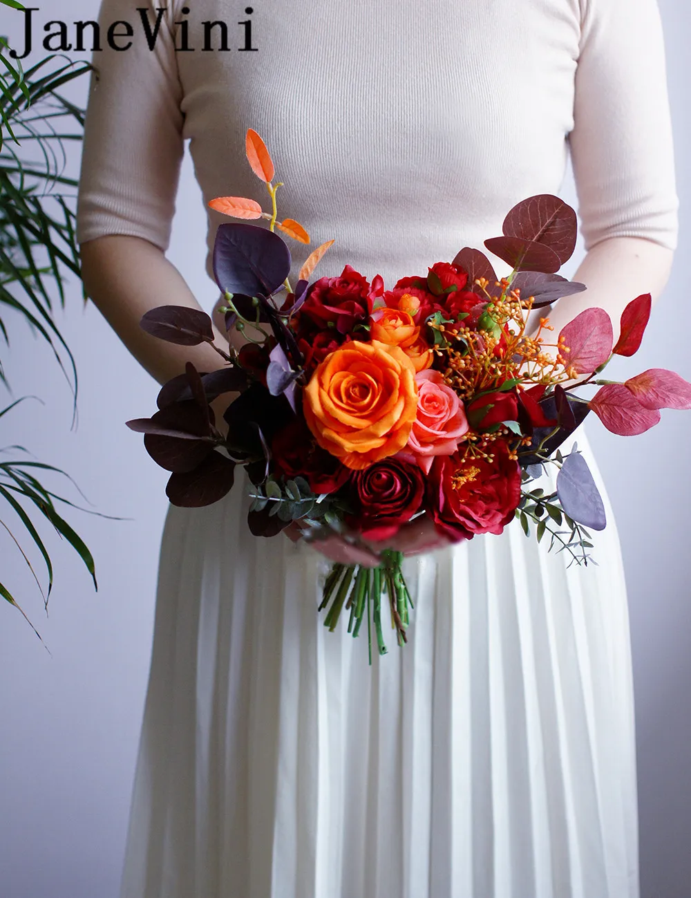 JaneVini Französisch Stil Herbst Hochzeit Brosche Bouquet Rot Orange Rose Silk Blumen Künstliche Braut Braut Bouquet ramo peonias