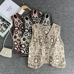 2021 Jacquard Embroidery Crocheted Vintage V-neck Vest Women Loose Hollow Out Flower Short Vest Knitted Sleeveless Top Outerwear