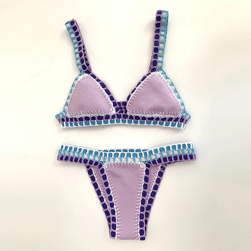 H80 & s90 novas mulheres mão crochê malha retalhos sexy conjunto de biquíni feminino artesanal banho com maiô elástico beachwear