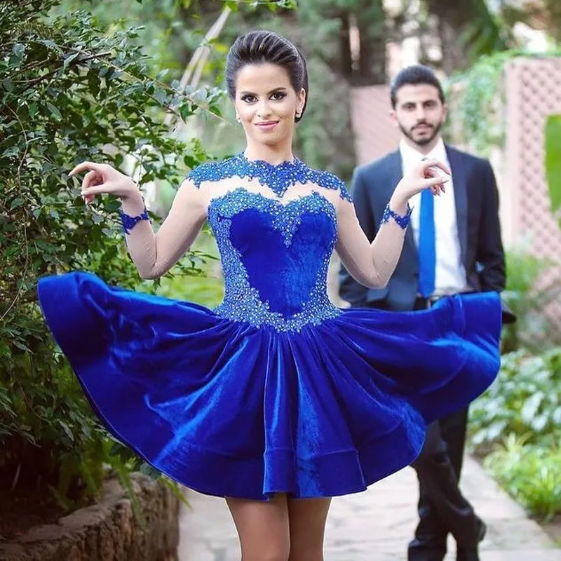 Royal Blue  Elegant Cocktail Dresses A-line Long Sleeves Short Mini Velvet Lace Beaded Party  Homecoming vestido de noiva