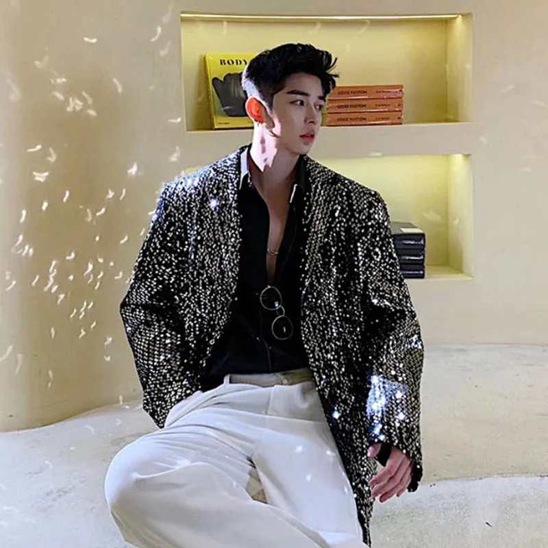 

Men Sequins Casual Loose Suit Coat Overcoat Male Vintage Fashion Stage Show Blazer Jacket Outerwear