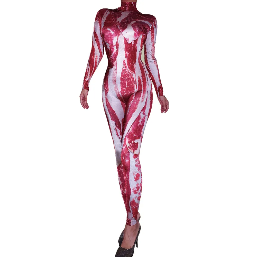 Sexy Halloween Meat Print Cosplay Jumpsuit Nightclub Party Stretch Rompers Dancer Bodysuit Stage Performance Costumes Wuhuarou