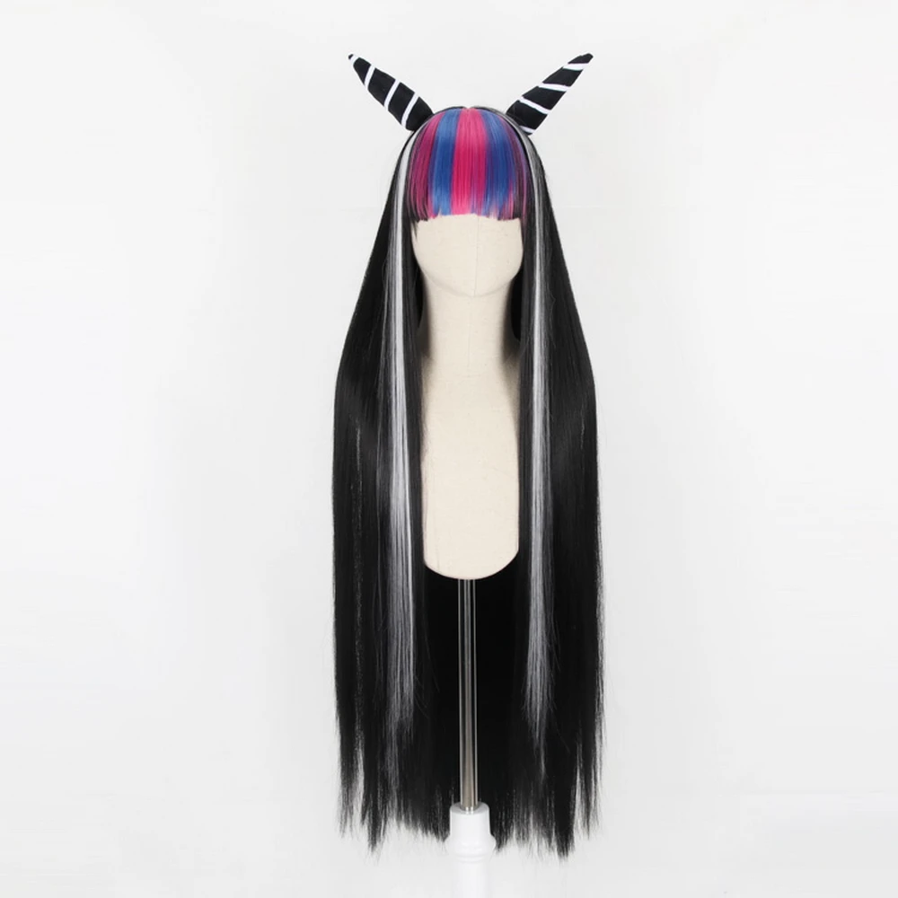 Danganronpa-Peluca de cabello sintético para Cosplay, cabellera artificial largo y liso de 100cm con gatillo feliz Havoc, Mioda, Ibuki, para Halloween, Color negro mezclado