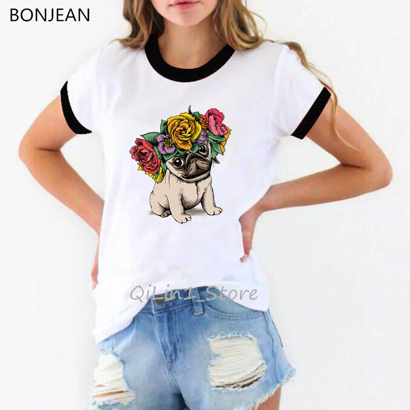 

Винтажная футболка с цветочным принтом французского бульдога кота, женская летняя одежда, белые футболки, женская футболка, топ, женская уличная одежда