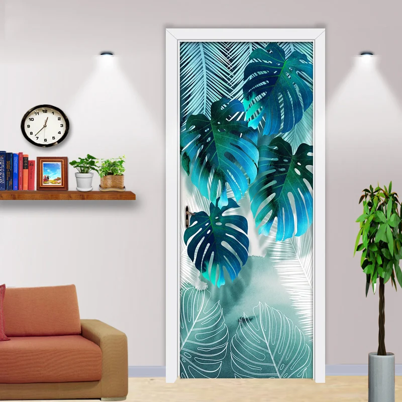 Door Mural Abstract Leaf Creative DIY Self-adhesive Wall Sticker Kitchen Living Room Bedroom Door Wallpaper Papel De Parede 3D