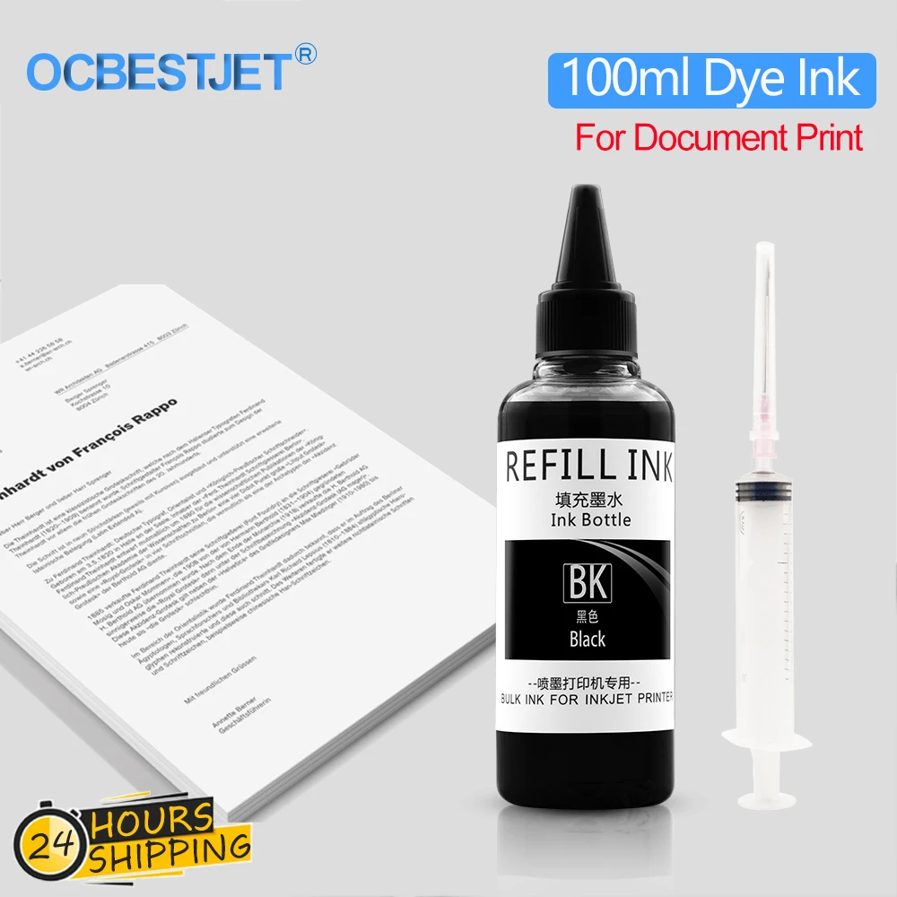 Preto Refill Dye Kit para HP Epson Canon Brother Impressora jato de tinta, cartucho CISS, apto para o escritório, escola, casa, impressão de