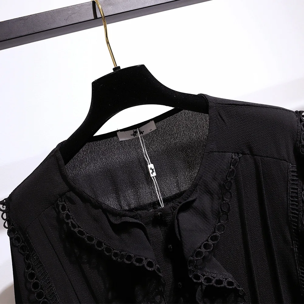 150Kg Plus Size Women's Spring Autumn Loose Chiffon Shirt Bust 151cm 5XL 6XL 7XL 8XL 9XL Long Sleeve Round Neck Top Black Red