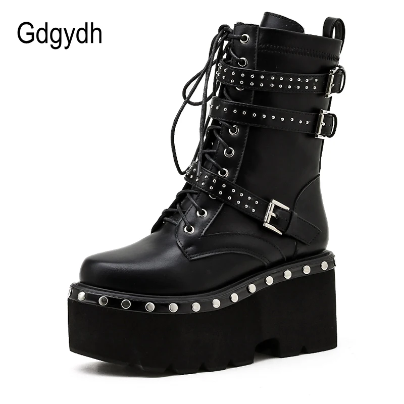 Gdgydh Spring Lace-Up Motorcycle Boots for Women Round Toe Thick Platform High Heels Female Ankle Boots Gothic Style Shoes