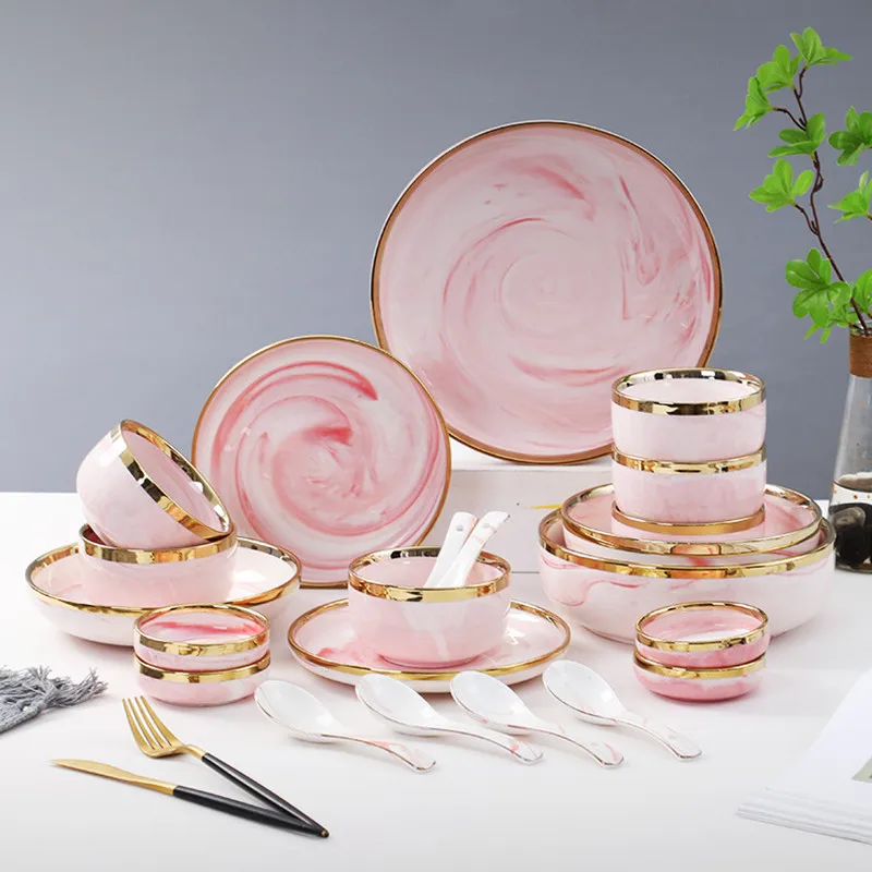 Gold Gilt Rim Pink Marble Pattern Porcelain Dinner Plate Kitchen Tray Ceramics Bowl Soup Salad Tableware 1pc