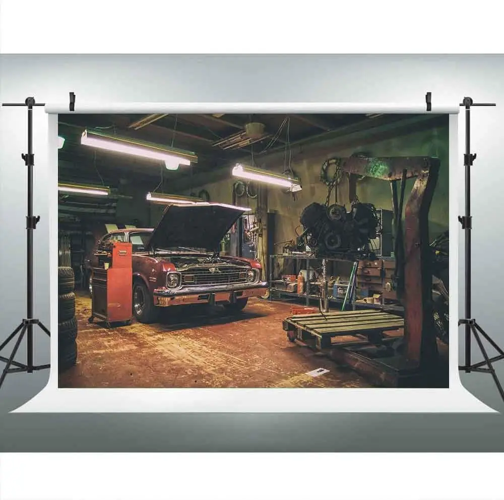 Pano de fundo fotográfico de garagem antiga, para reparo de carro, decoração de festa temática, decoração interior, cabine de foto, retrato, tiro