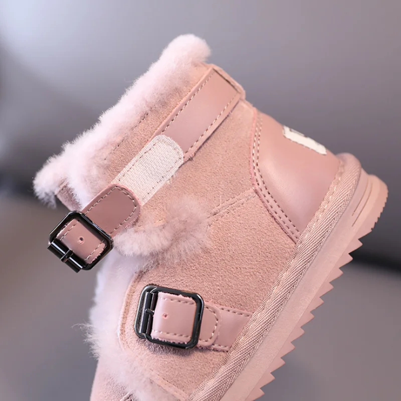 Botas de nieve de piel auténtica para niños y niñas, zapatos cálidos de felpa gruesa, antideslizantes, a la moda, de 1 a 6 años, Invierno