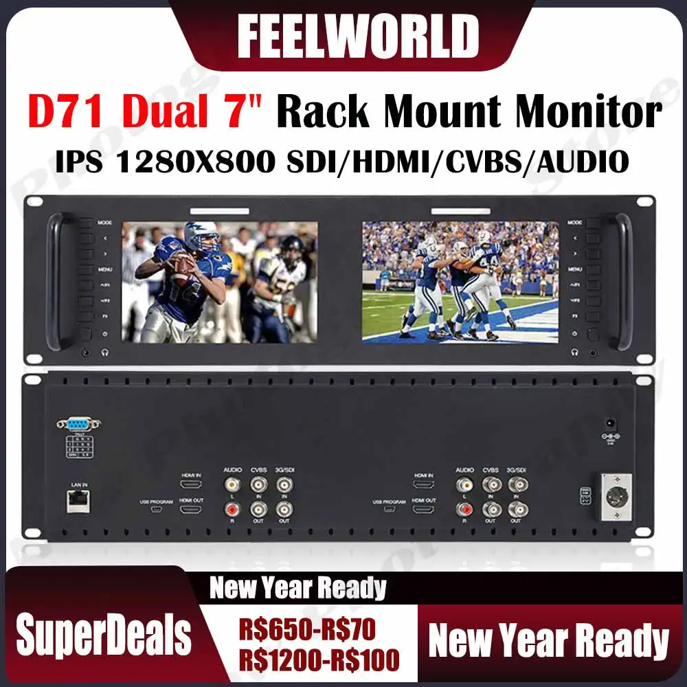 

Feelworld D71 Dual 7" 3RU IPS 1280x800 Broadcast LCD Rack Mount Monitor with 3G-SDI HDMI-compatible