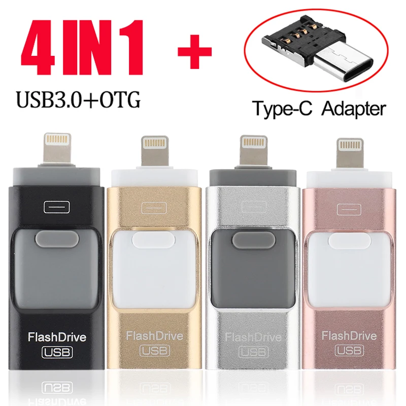 

4 in 1 OTG USB Flash Drive 8G/16G/32G/64GB/128GB Pendrive Metal Pen Drive 64GB for iPhone X/8/7/6 Plus USB Flash Memory Stick PC