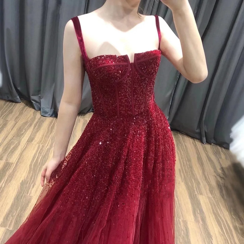 Dark Red Beading Evening Dress 2022 Sleeveless A-Line Luxury Floor-Length Prom Formal Gown Arbic Vestidos Robe De Soiree