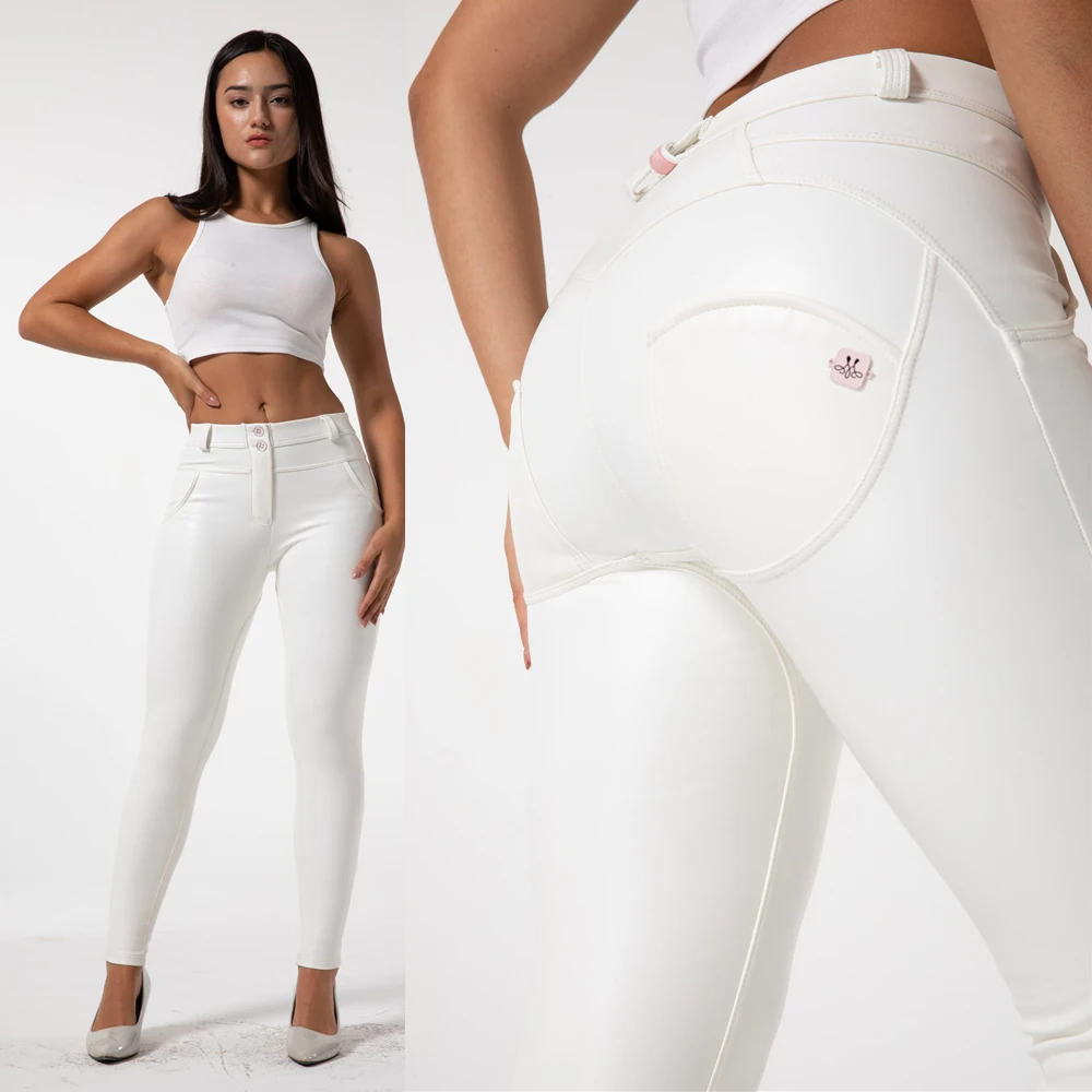 Shascullfites Melody Women Jeans Fashion White Elastic Push Up Sexy Slim Coated Faux Leather Pencil Pants Skinny Lady Trousers