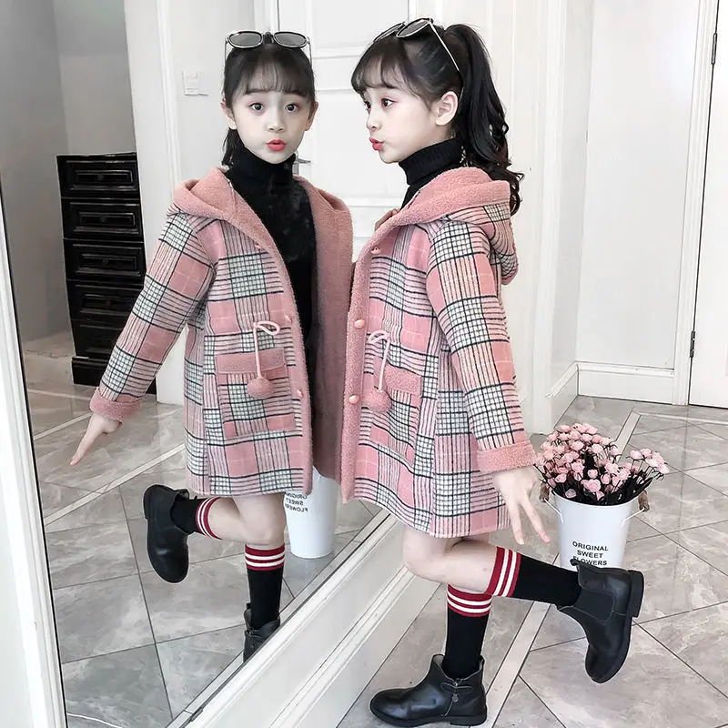 2024 Fashion Design Autumn Winter parka Girl Hairy clothes Long Woolen Coat for Kids Outerwear Grid pattern Padded Warm clothing