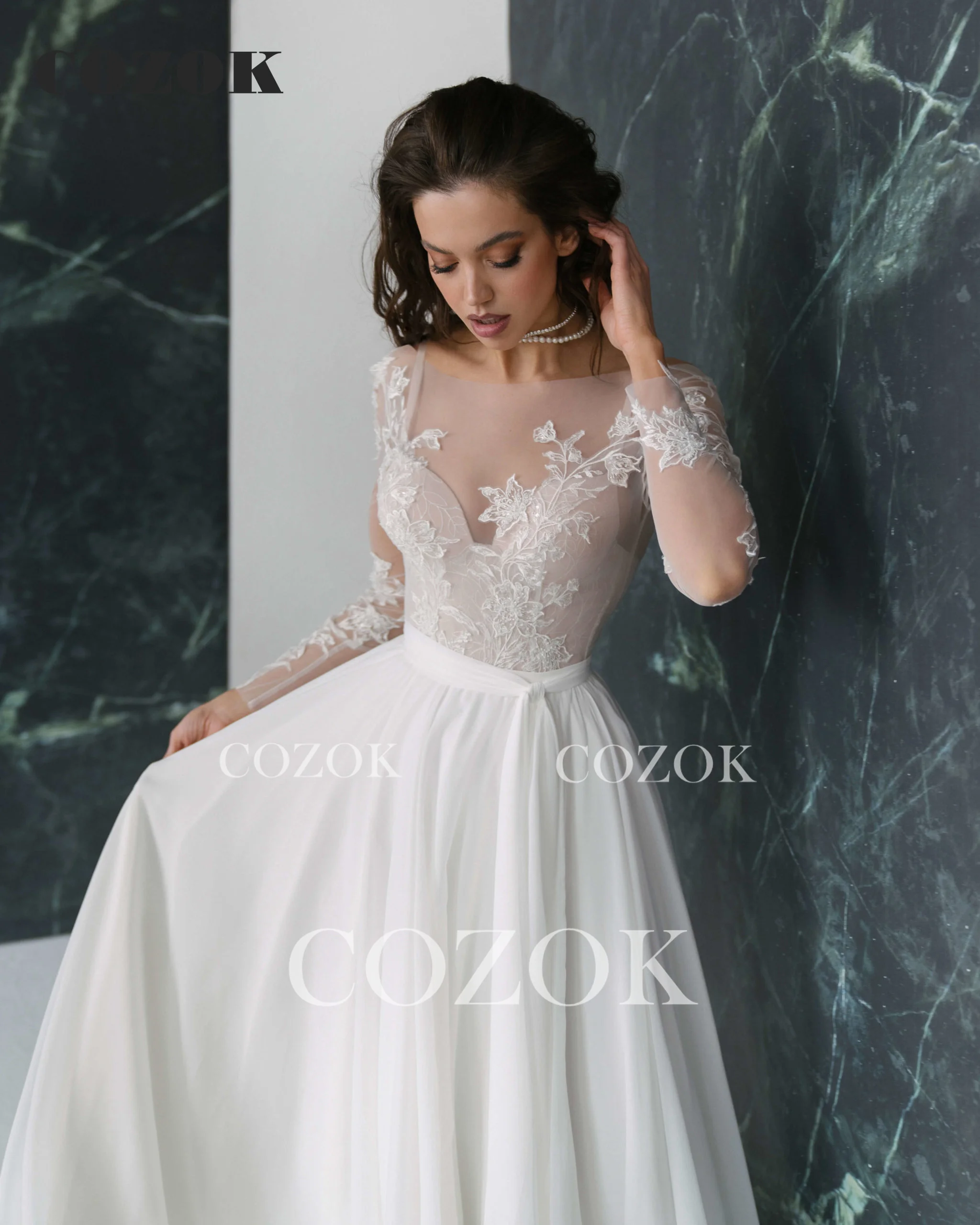 Elegant A-line Chiffon Lace Wedding Dresses Floor Length Long Sleeve Simple Formal Bridal Gowns CO06