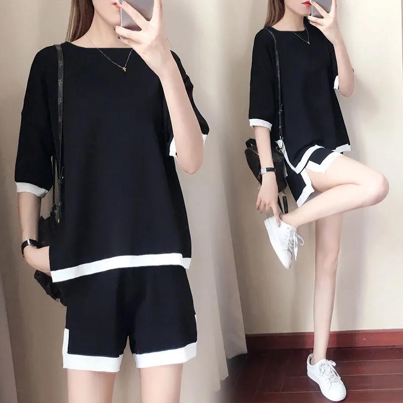 Korean Style Tracksuit Knitted Suit Summer Short Trouser+short Sleeve O-neck Pullover Shirt Fashion Shorts Suit Women Tracksuits