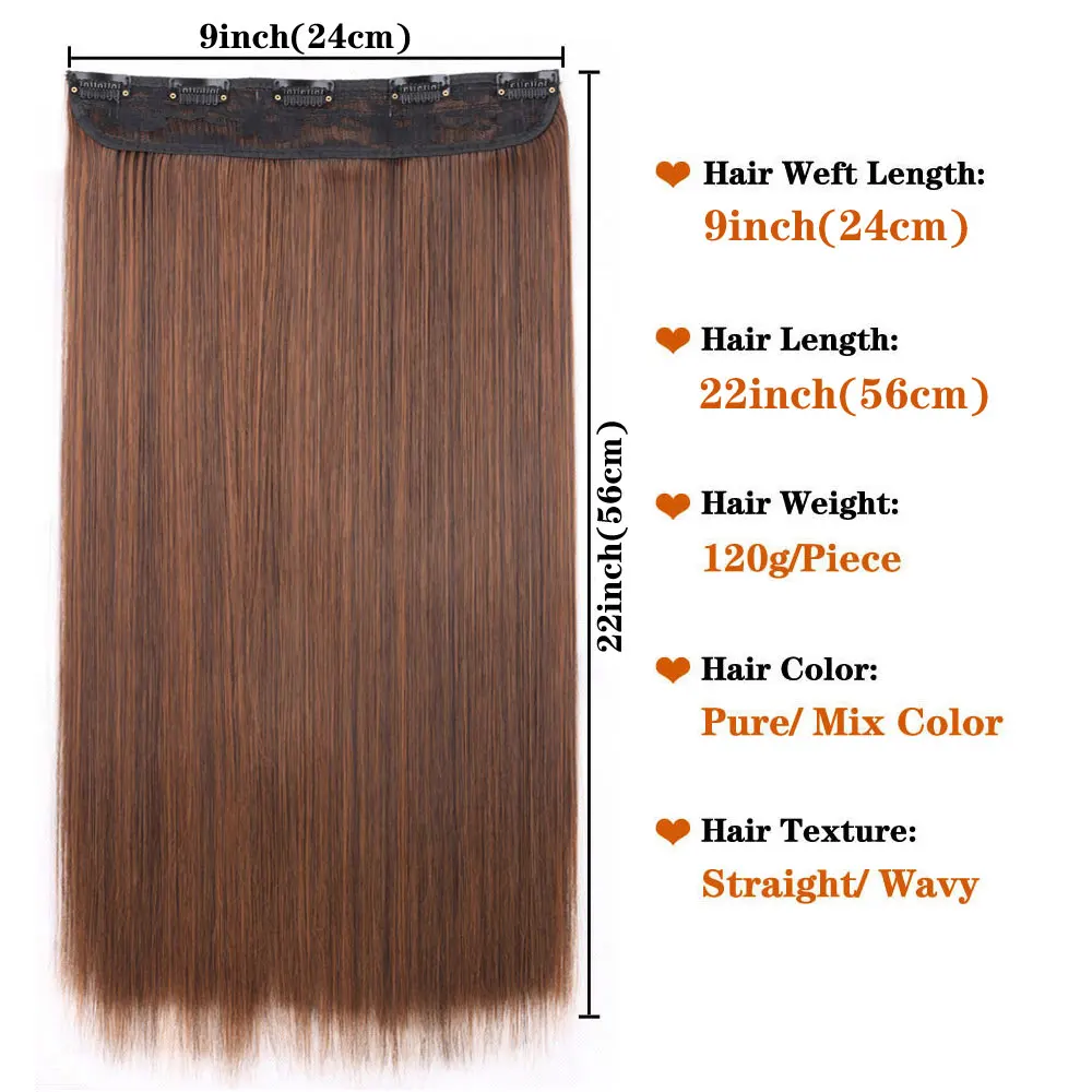 Long Straight Wavy 5 Clips Hair Extensions Synthetic Clip On Hair Extensions High Tempreture Fake Hair Hairpiece For Women