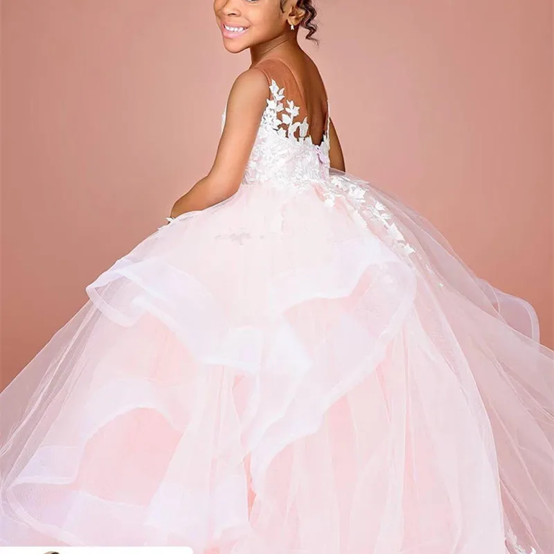 Princess Lace Light Pink Backless Flower Girl Dresses Stylish Tiered Little Girl Pageant Dresses Wedding Dresses Cheap Communion